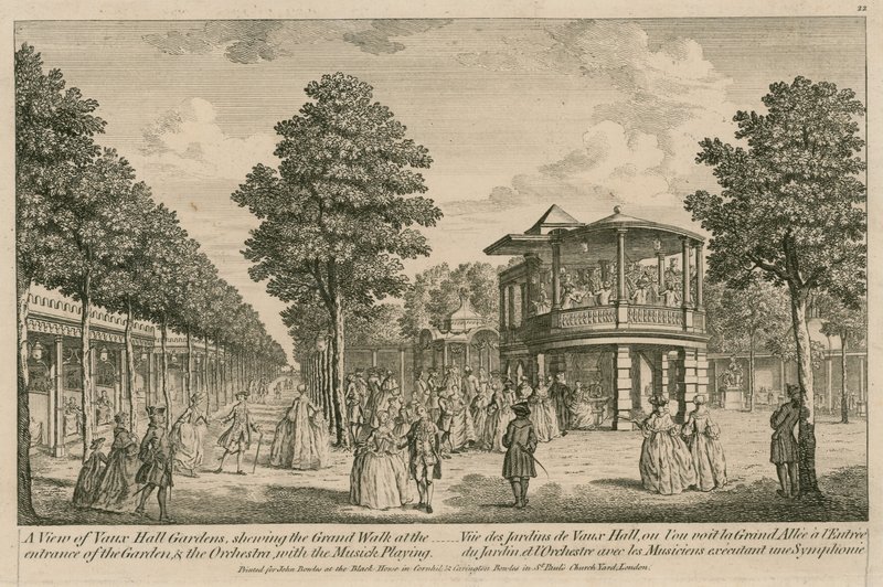 Widok na Vauxhall Gardens w Londynie, pokazujący wielki spacer przy wejściu do Ogrodu i Orkiestrę z odtwarzaną muzyką autorstwa English School