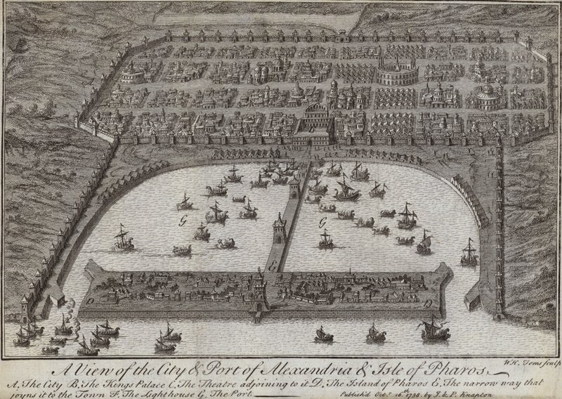 Widok na miasto i port Aleksandrii oraz wyspę Faros, Egipt, 1738 autorstwa English School