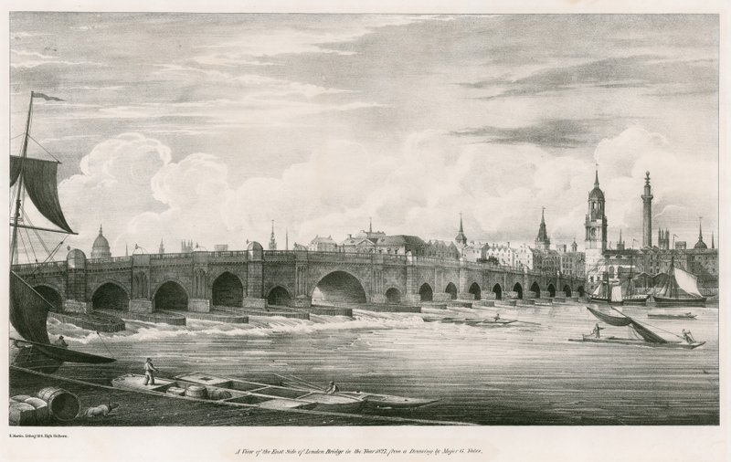 Widok na wschodnią stronę London Bridge w roku 1827 autorstwa English School