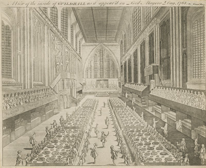Widok wnętrza Guildhall, tak jak wyglądało w Dzień Lorda Burmistrza, 1761 autorstwa English School