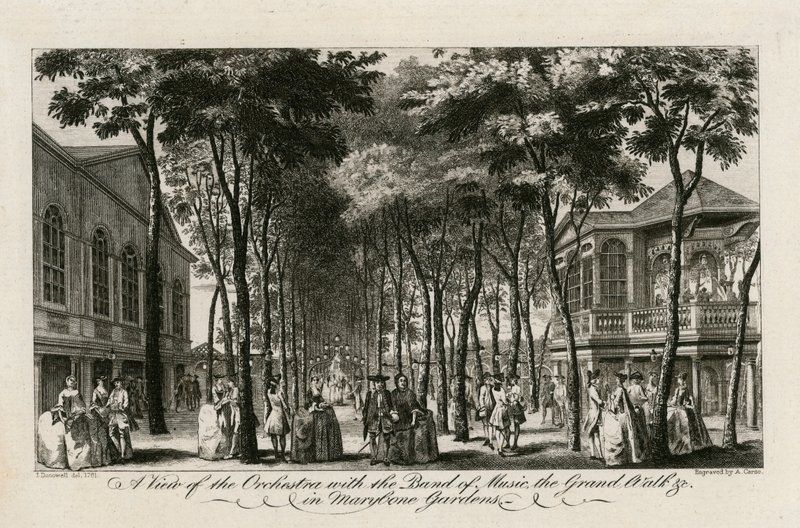 Widok orkiestry z zespołem muzycznym, Grand Walk itp. w ogrodach Marylebone autorstwa English School