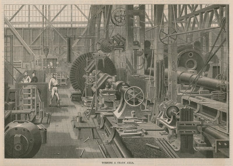 Wizyta w Penns Marine Engine Factory w Greenwich w Londynie; Obracanie osi korby autorstwa English School