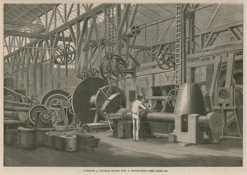 Wizyta w Penns Marine Engine Factory w Greenwich w Londynie; Obracanie wału łopatkowego na statek parowy autorstwa English School