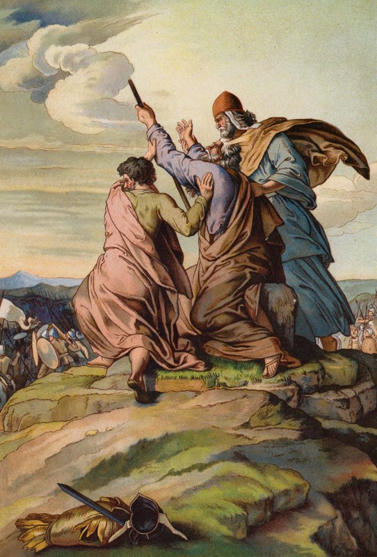 Aaron i Hur trzymający ręce Mojżesza, gdy Jozue i Izraelici pokonują Amalekitów (chromolitho) autorstwa English School