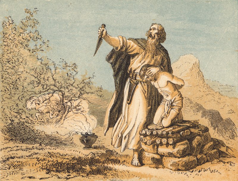 Abraham ofiarowujący Izaaka (kolorowy grawerunek) autorstwa English School