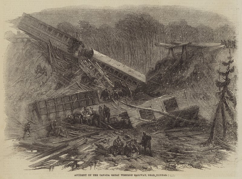Wypadek na Canada Great Western Railway, niedaleko Dundas (grawerowanie) autorstwa English School