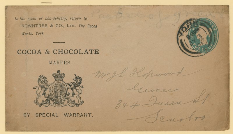 Etykieta adresowa firmy Rowntree & Co, The Cocoa Works, York autorstwa English School