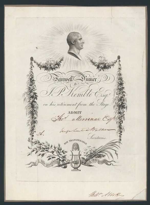 Bilet wstępu na kolację z okazji pożegnania Johna Kemblesa ze sceną, 1819 autorstwa English School