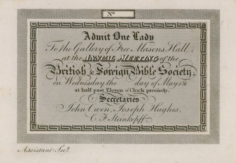 Bilet wstępu do Dorocznego Zagranicznego Towarzystwa Biblijnego w Freemasons Hall autorstwa English School