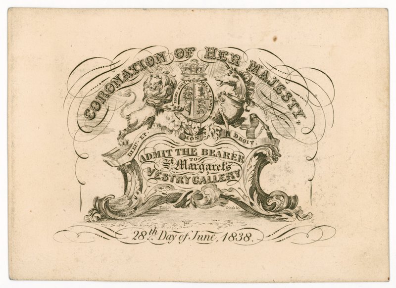 Bilet wstępu do St Margarets Vestry Gallery na koronację królowej Wiktorii, 28 czerwca 1838, od frontu autorstwa English School