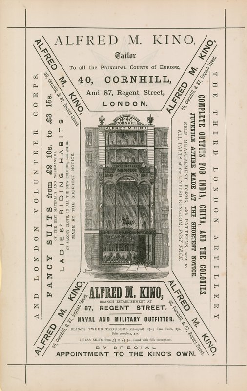 Ogłoszenie Alfreda M Kino, krawca, 40 Cornhill i 87 Regent Street, Londyn autorstwa English School