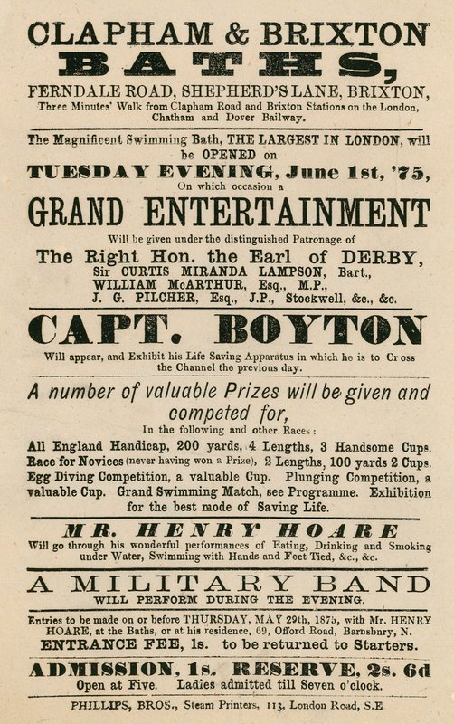 Ogłoszenie Clapham and Brixton Baths, Ferndale Road, Shepherds Lane, Brixton, Londyn; z udziałem kapitana Boytona autorstwa English School