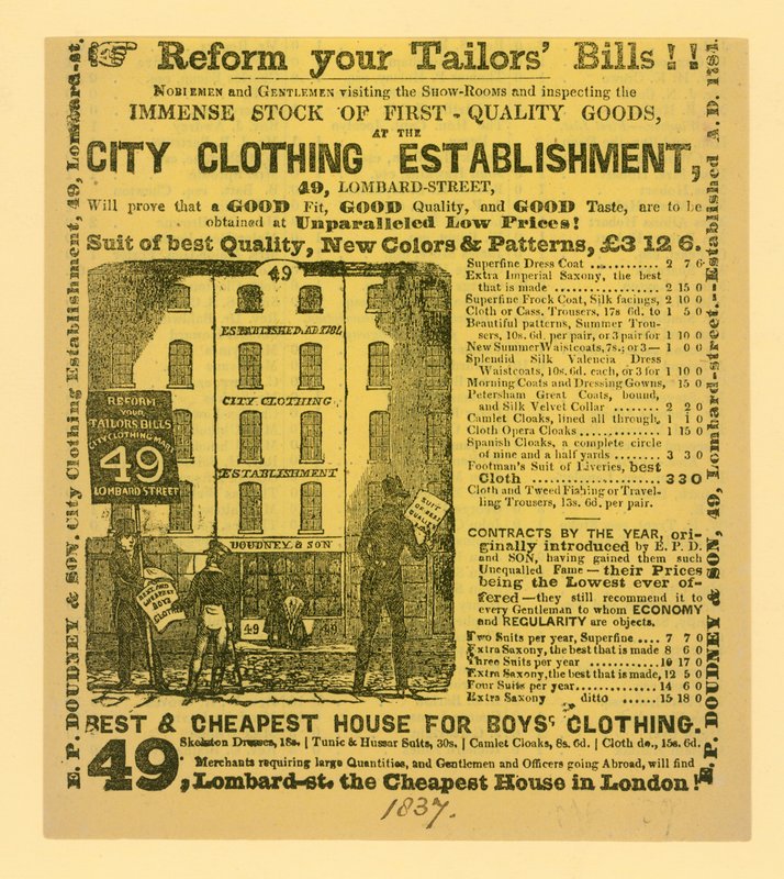 Ogłoszenie dla Doudney & Son, City Clothing Establishment, 49 Lombard Street, Londyn autorstwa English School