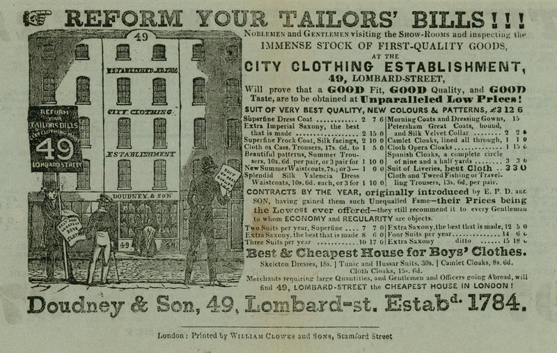 Ogłoszenie Doudney & Son, miejskiego zakładu odzieżowego, 49 Lombard Street, Londyn autorstwa English School