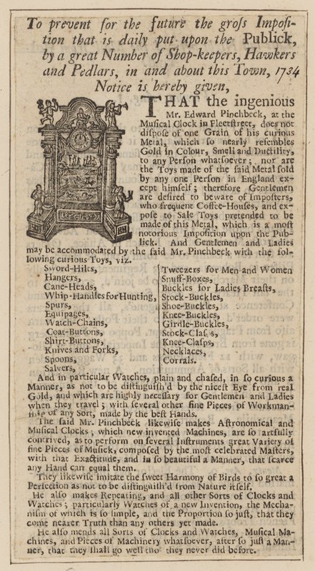 Reklama Edwarda Pinchbecka, Musical Clock, Fleet Street, Londyn, od 1734 autorstwa English School