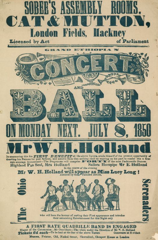Ogłoszenie o Wielkim Etiopskim Koncercie i Balu, 8 lipca 1850, w Sobees Assembly Rooms autorstwa English School