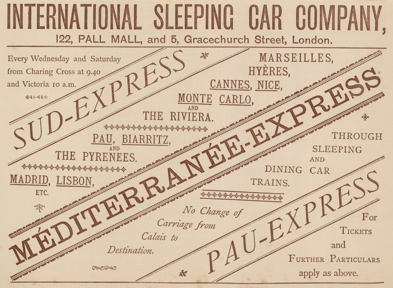 Ogłoszenie International Sleeping Car Company, 122 Pall Mall i 5 Graceshurch Street, 1888 autorstwa English School
