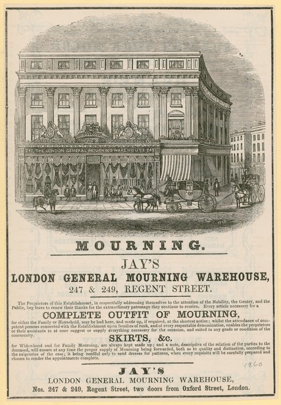 Ogłoszenie dla Jays, London General Mourning Warehouse, 247 & 249 Regent Street, Londyn autorstwa English School