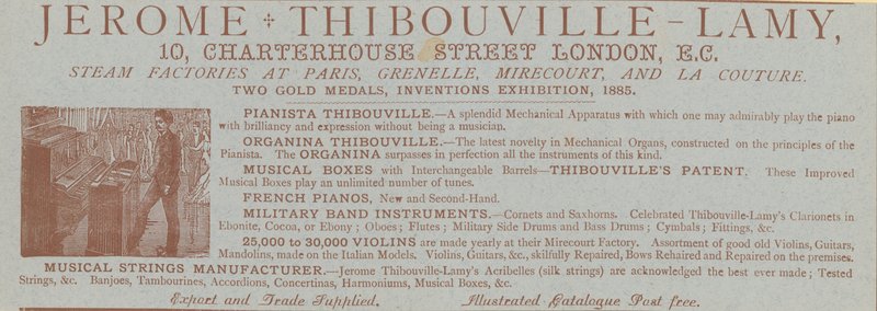 Ogłoszenie Jerome Thibouville-Lamy, 10 Charterhouse Street, Londyn, producent instrumentów autorstwa English School