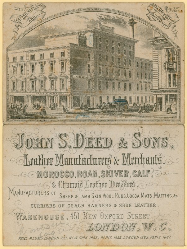 Ogłoszenie firmy John S Deed & Sons, producentów i sprzedawców wyrobów skórzanych, 451 New Oxford Street, Londyn autorstwa English School