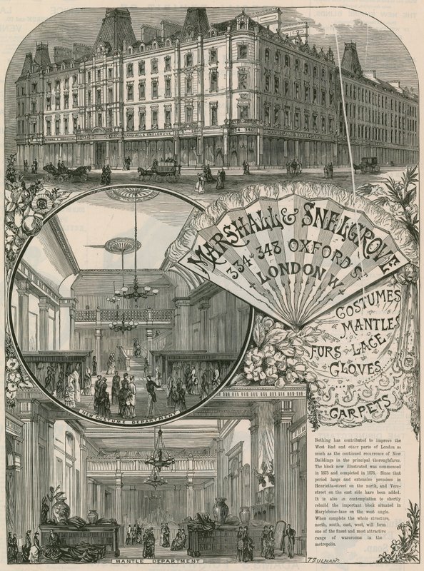Reklama Marshall & Snelgrove, Silk Mercers, Lacemen, Hosiers, z Vere Street, Oxford Street, Londyn autorstwa English School