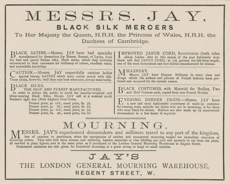 Ogłoszenie dla panów Jay, The London General Mourning Warehouse, Regent Street autorstwa English School