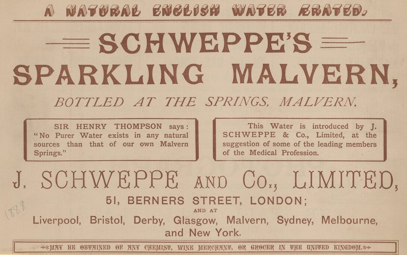 Reklama Schweppes Sparkling Malvern, butelkowana przy źródłach, Malvern autorstwa English School