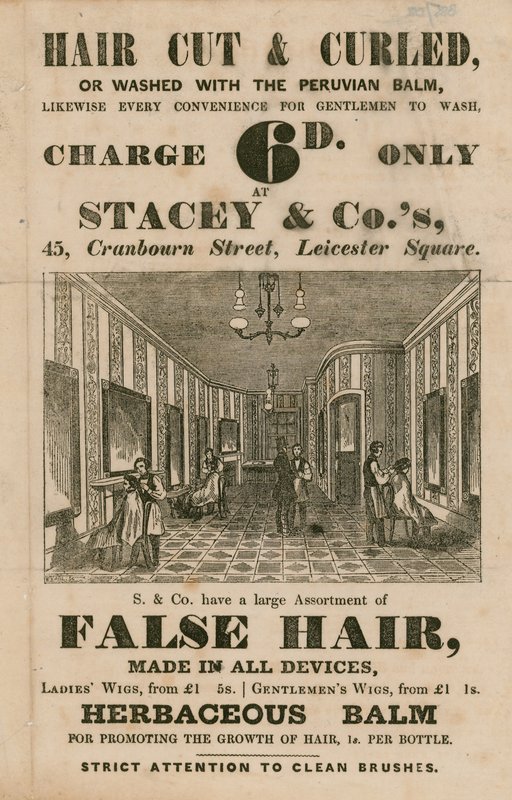 Ogłoszenie firmy Stacey & Co.s, 45 Cranbourne Street, Leicester Square, Londyn, salony fryzjerskie autorstwa English School