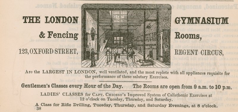 Ogłoszenie dla The London Gymnasium & Fencing Rooms, 123 Oxford Street, Regent Circus autorstwa English School