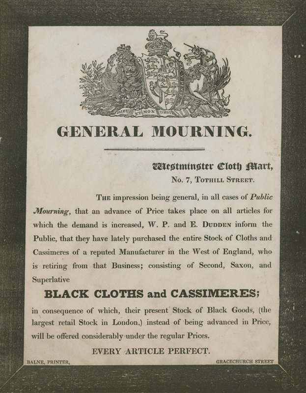 Ogłoszenie dla W P i E Dudden, Westminster Cloth Mart, 7 Tothill Street autorstwa English School
