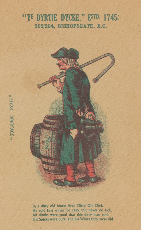 Reklama Ye Dyrtie Dycke (Brudny Dick), 202-204 Bishopsgate, Londyn autorstwa English School