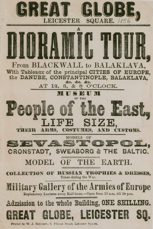Ogłoszenie dioramic Tour z Blackwall do Balaklava, z obrazami głównych miast Europy autorstwa English School