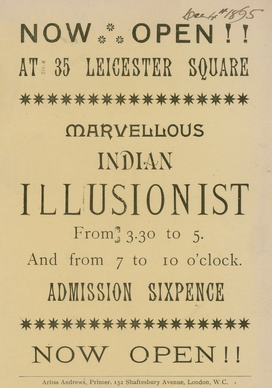 Ogłoszenie indyjskiego iluzjonisty pojawiającego się na 35 Leicester Square w Londynie autorstwa English School