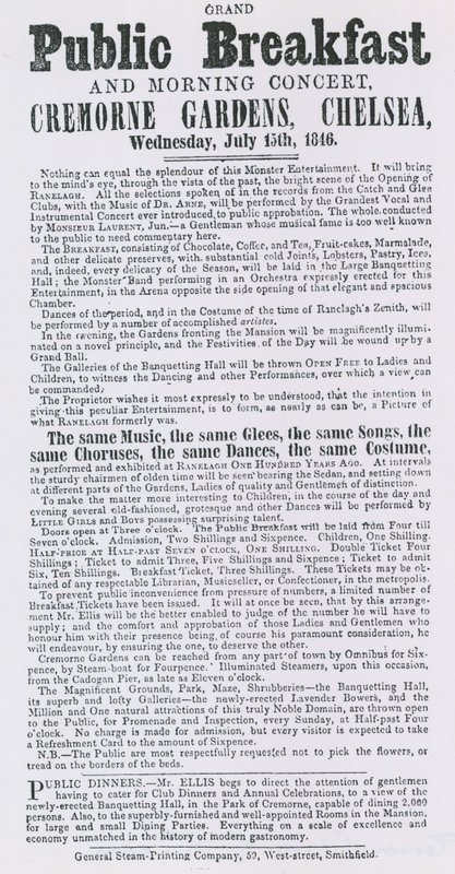 Ogłoszenie o wielkim publicznym śniadaniu i porannym koncercie, Cremorne Gardens, Chelsea autorstwa English School