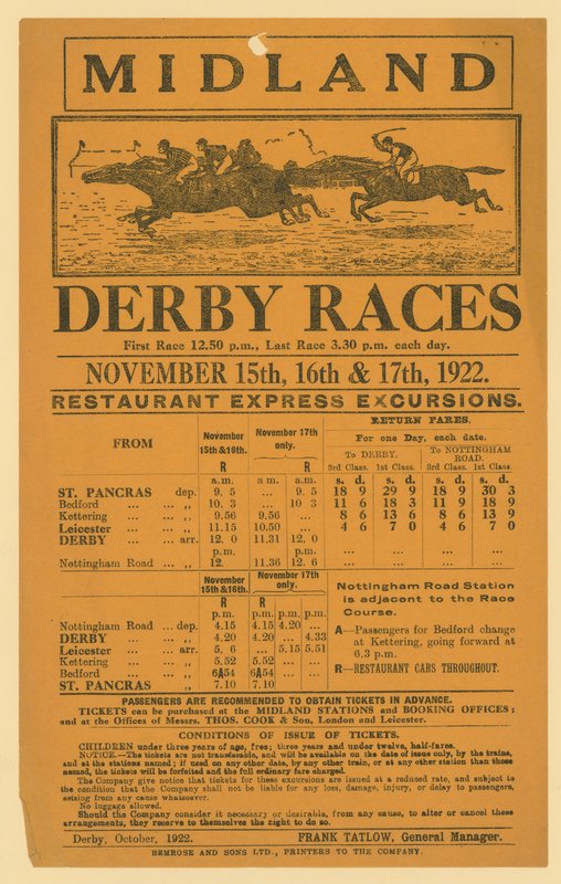 Ogłoszenie wycieczki koleją na wyścigi Midland Derby Races, 15-17 listopada 1922 r. autorstwa English School