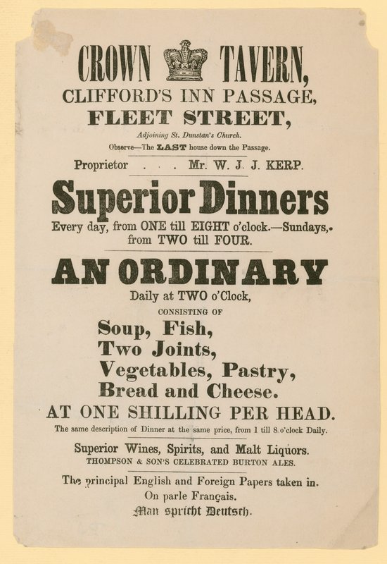 Reklama dla Crown Tavern, Cliffords Inn Passage, Fleet Street, Londyn autorstwa English School