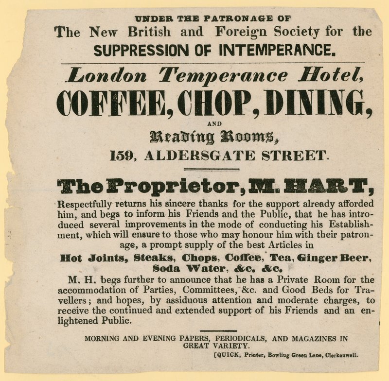 Reklama londyńskiego hotelu Temperance pod patronatem New British and Foreign Society for the Suppression of Intemperance autorstwa English School