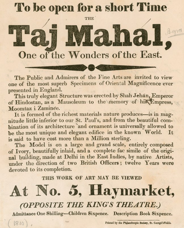 Ogłoszenie wystawy modelu Taj Mahal w Haymarket 5, Londyn autorstwa English School