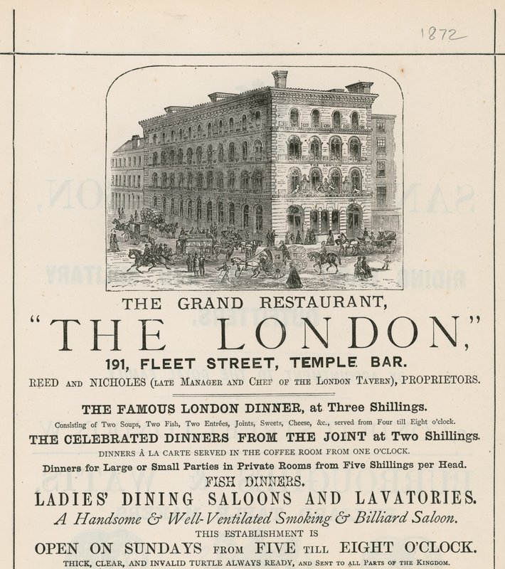 Reklama wielkiej restauracji The London, 191 Fleet Street, Temple Bar autorstwa English School