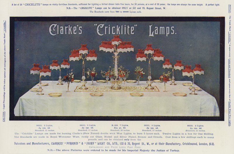 Reklama, Lampy Clarke „Cricklite” (chromolitho) autorstwa English School