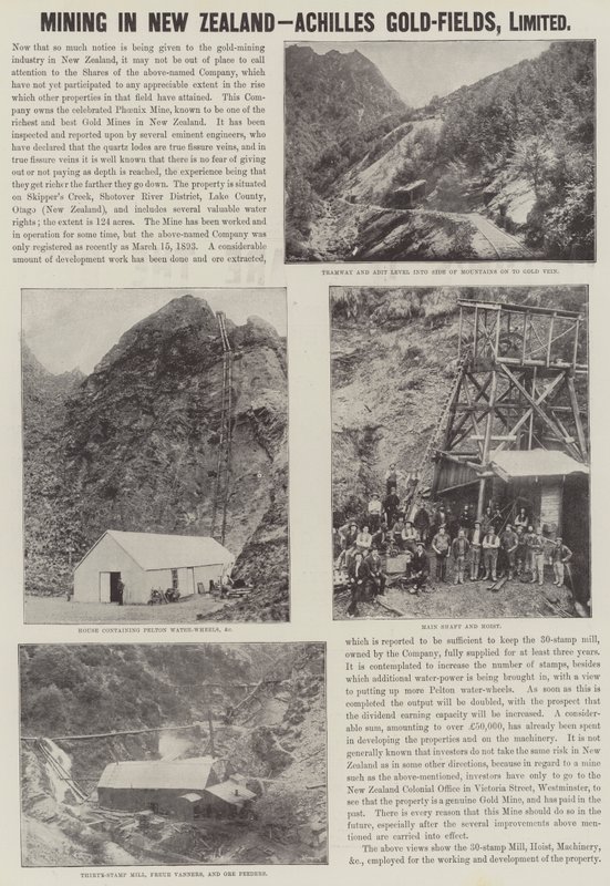 Reklama, wydobycie w Nowej Zelandii, Achilles Gold-Fields (grawerowanie) autorstwa English School