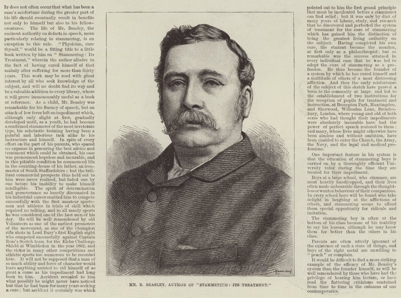 Reklama, pan B. Beasley, autor książki „Jąkanie, jej leczenie” (rycina) autorstwa English School