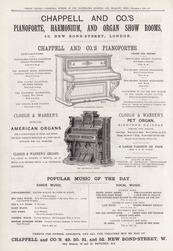 Reklama sal koncertowych Pianoforte, Harmonium i Organ Show Room firmy Chappell and Co (grawerowanie) autorstwa English School