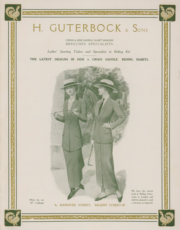 Reklama H Guterbock & Sons, damskich krawców sportowych i specjalistów w strojach jeździeckich (kolor lito) autorstwa English School