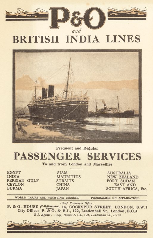 Reklama linii P i O oraz British India Lines (kolor lito) autorstwa English School