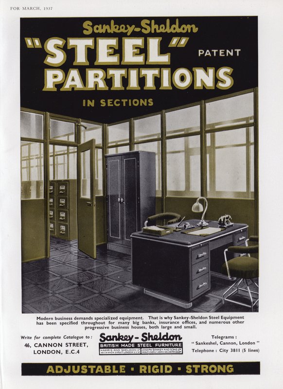 Reklama stalowych przegród Sankey-Sheldon, 1937 autorstwa English School