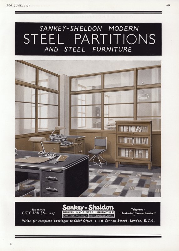 Reklama stalowych przegród Sankey-Sheldon, 1937 autorstwa English School
