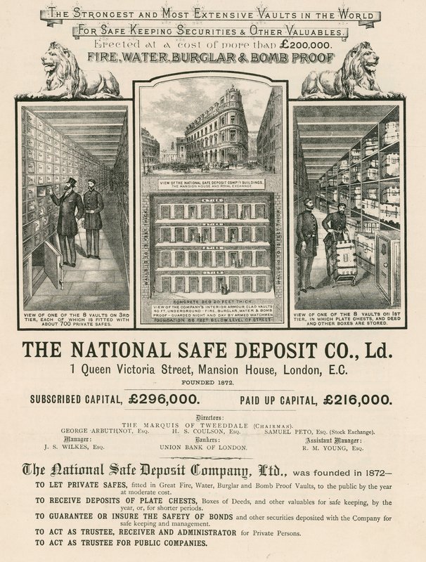 Reklama dla The National Safe Deposit Company, 1 Queen Victoria Street, Mansion House, Londyn autorstwa English School