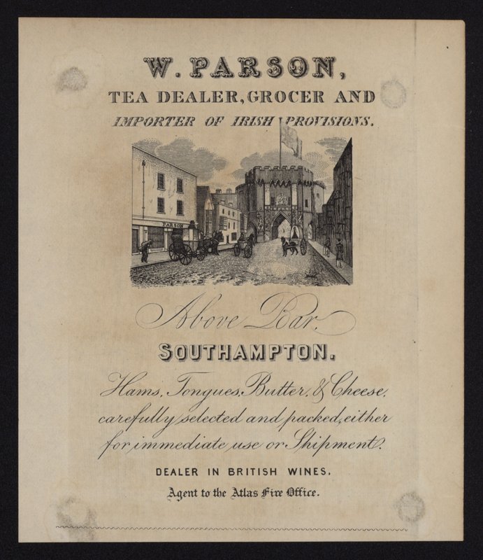 Reklama dla W Parson, sprzedawcy herbaty, sklepu spożywczego i importera irlandzkich przepisów, Southampton, Hampshire autorstwa English School