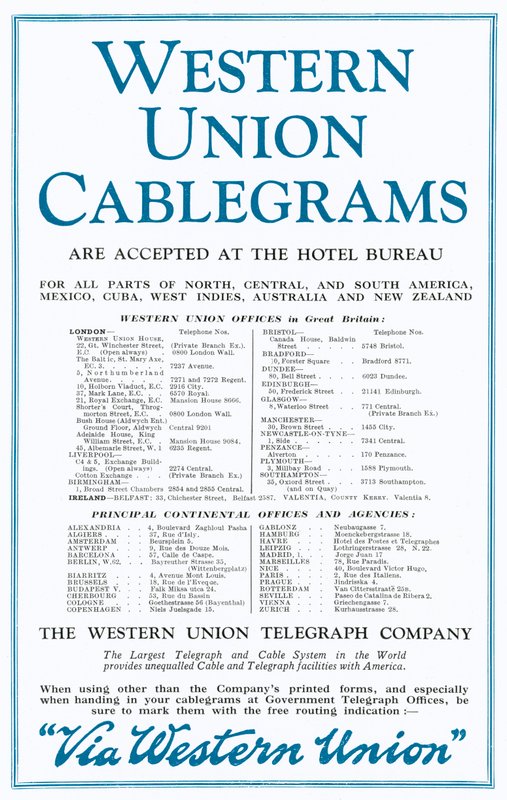 Reklama Western Union Cablegrams (kolor lito) autorstwa English School